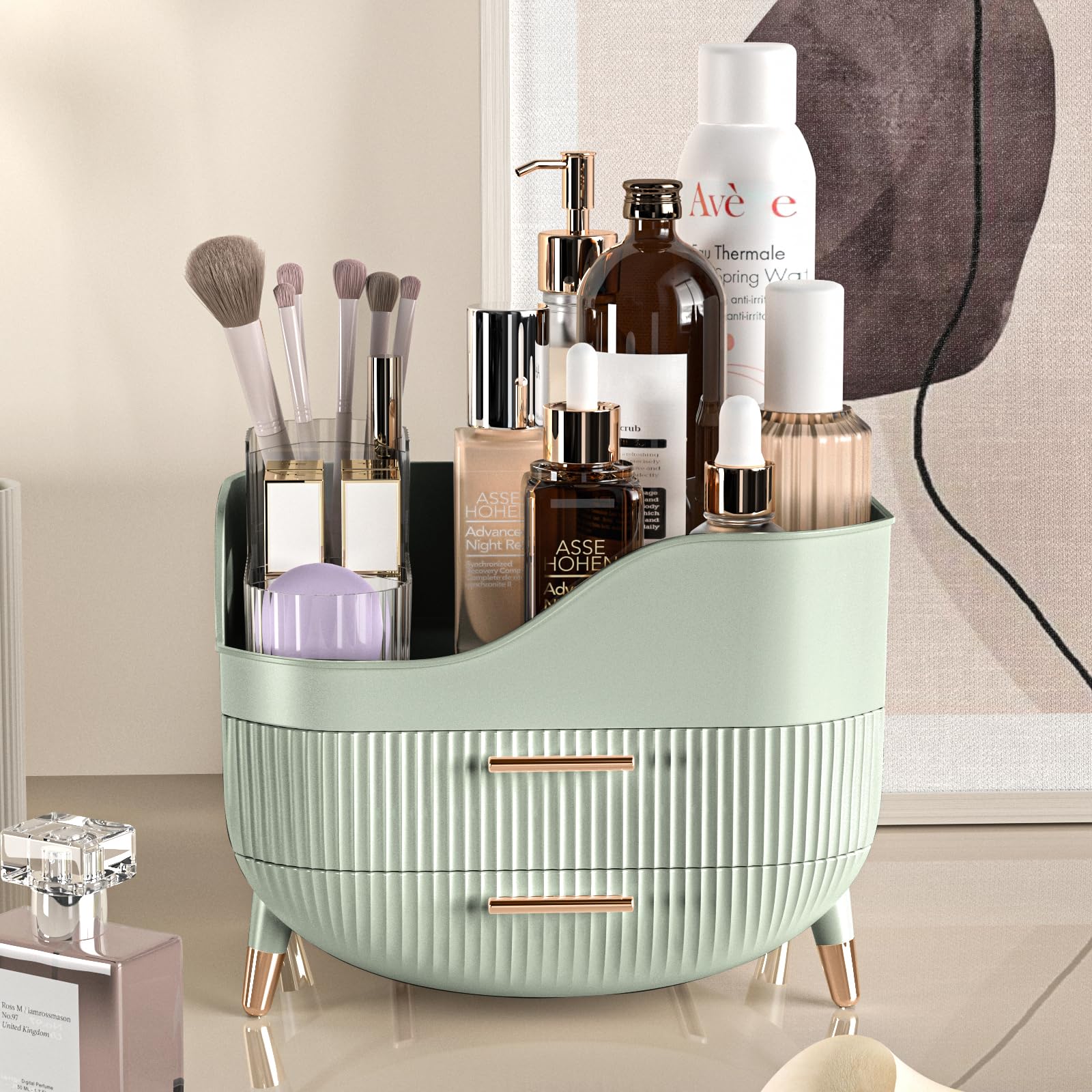 Pajiriona modern green vanity storage adds elegance while organizing essentials.