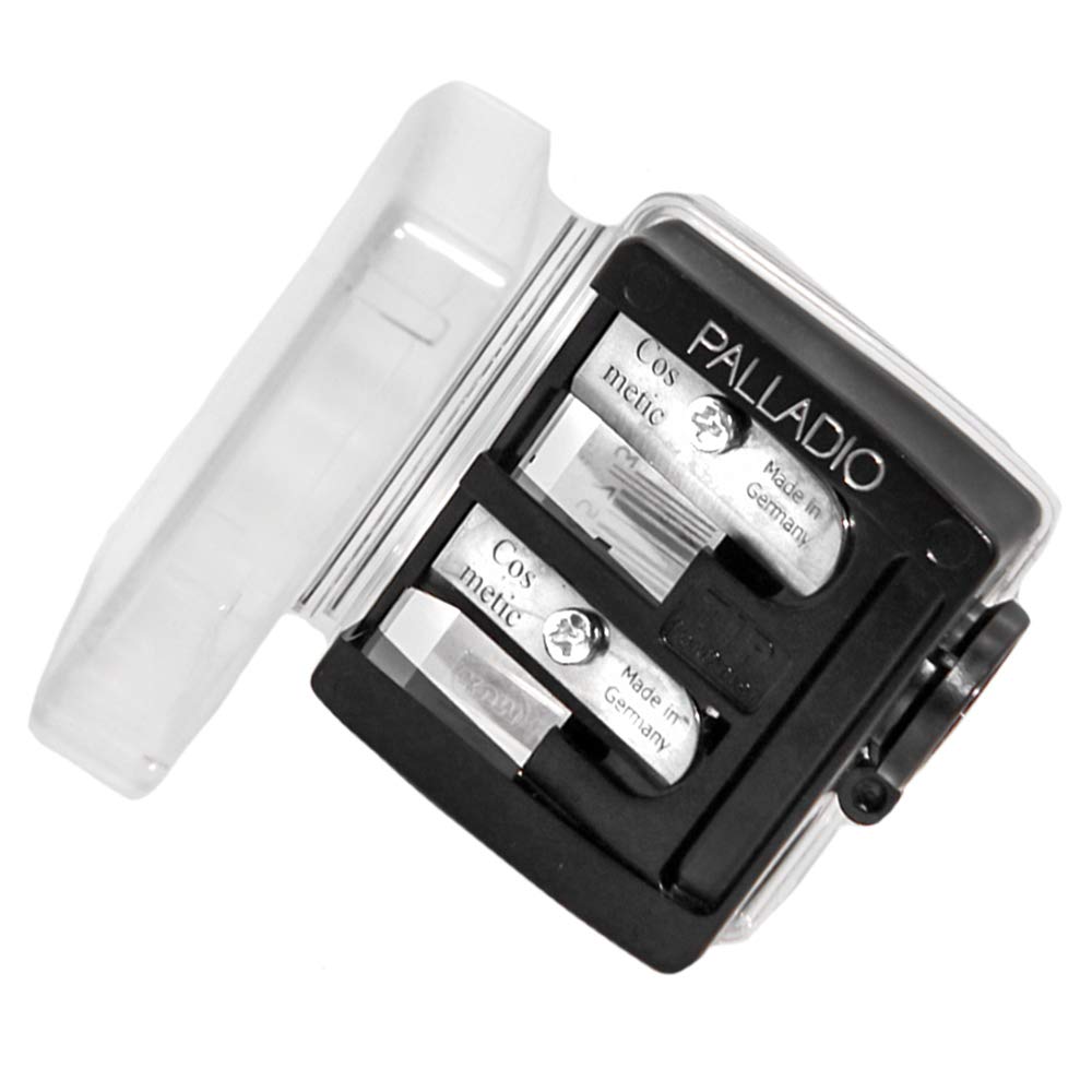 Palladio double barrel sharpener with cover for mess-free sharpening of lip, eyeliner, and brow pencils