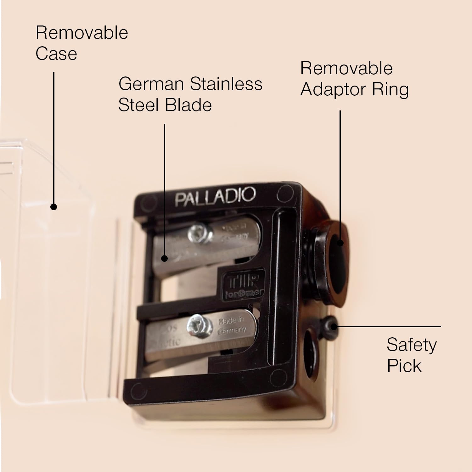Palladio sharpener with size adjuster dial to fit different pencil sizes