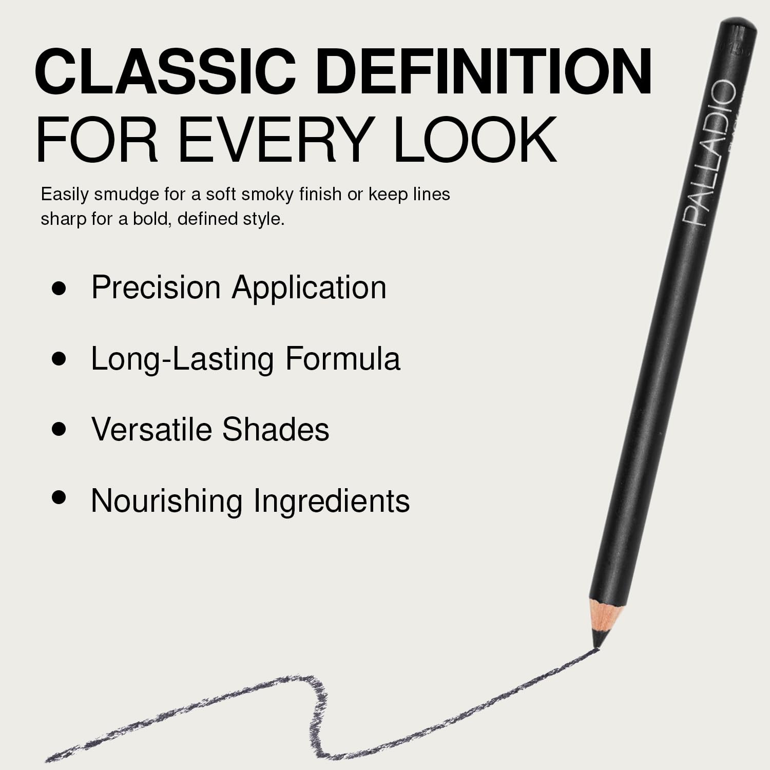 Palladio eyeliner pencil black shade swatch emphasizes bold, saturated color.