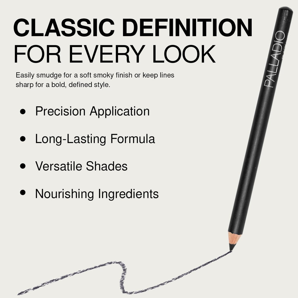 Palladio eyeliner pencil black shade swatch emphasizes bold, saturated color.