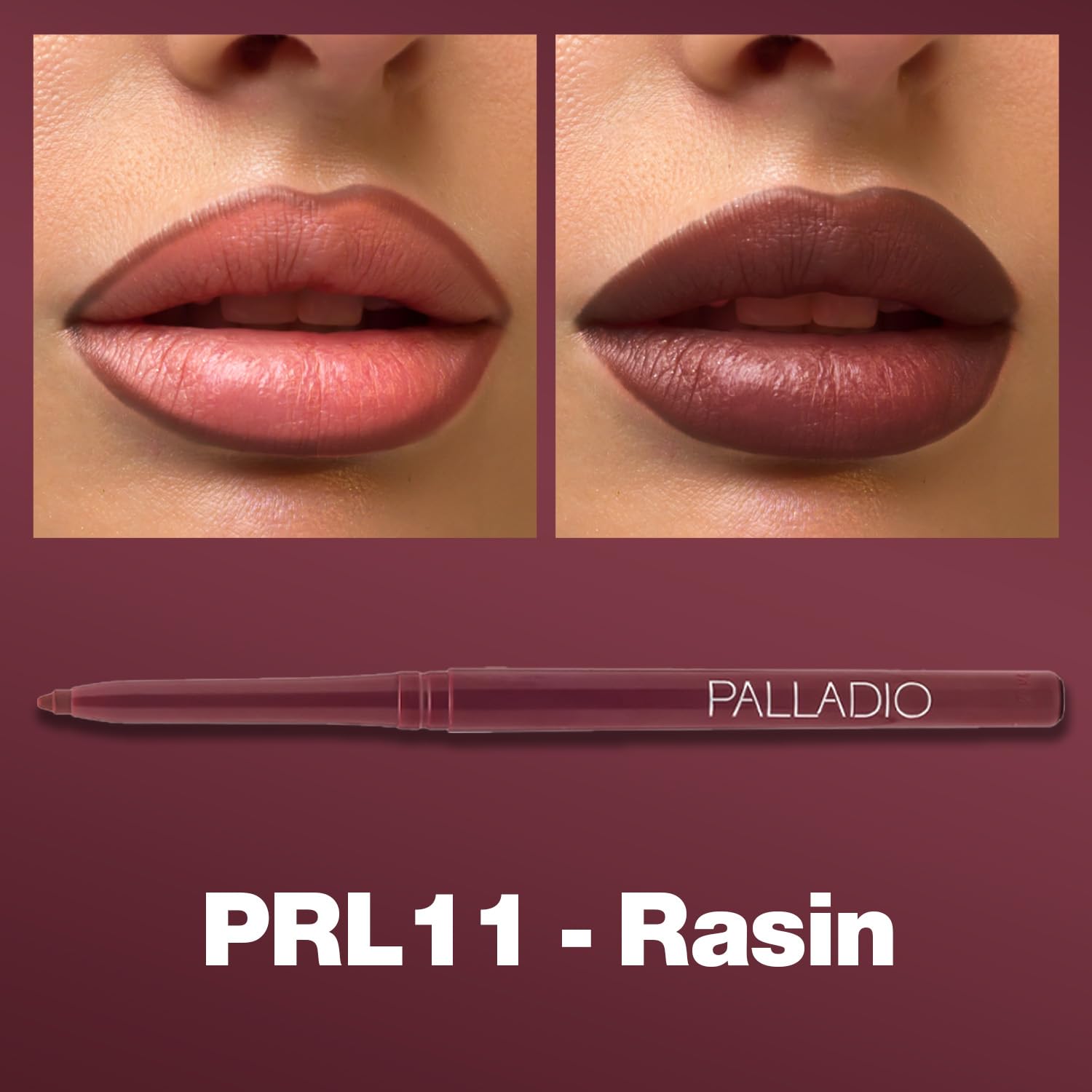 Palladio high-pigment creamy lip liner Raisin swatch on lips