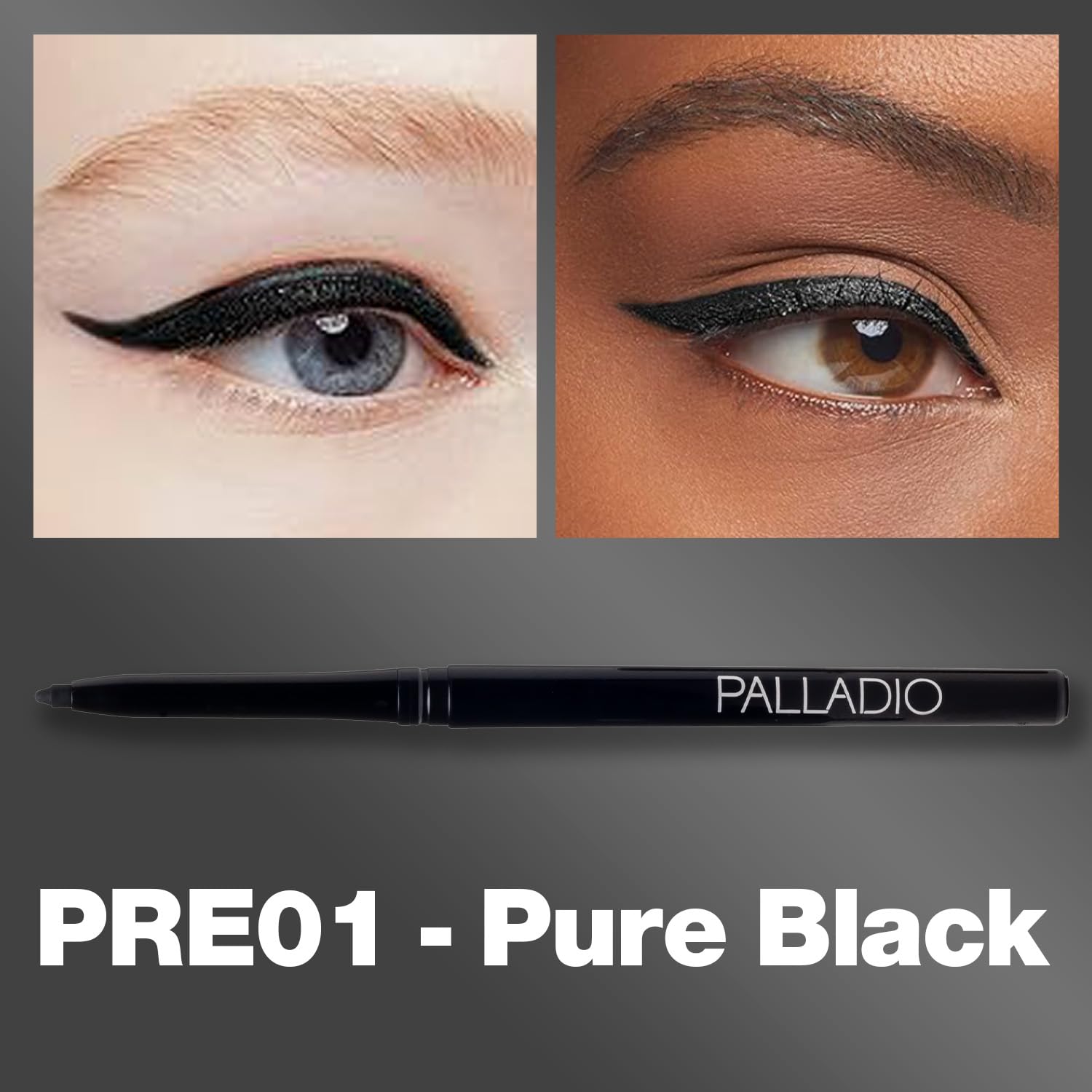 Palladio retractable waterproof eyeliner rich pigment swatches show bold black definition.