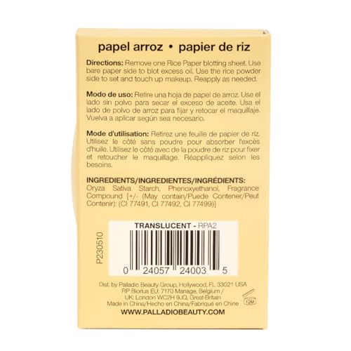 Palladio rice paper blotting sheets infused with rice powder for touch-ups.