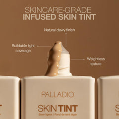 Palladio Skin Tint aplicación con dedos, cobertura suave para uso diario.