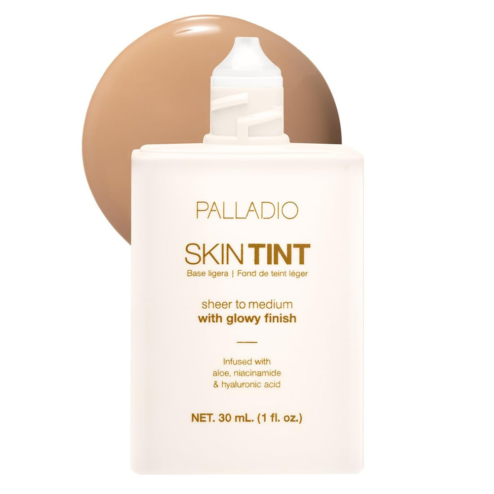 Palladio Skin Tint en botella visible, acabado luminoso para un aspecto natural.