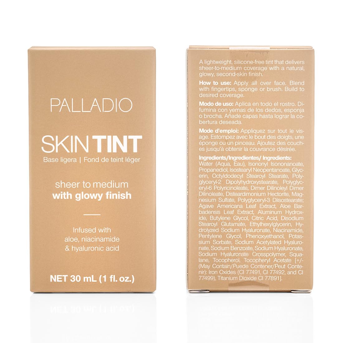 Palladio Skin Tint tono mediano beige, muestra color natural para piel media.