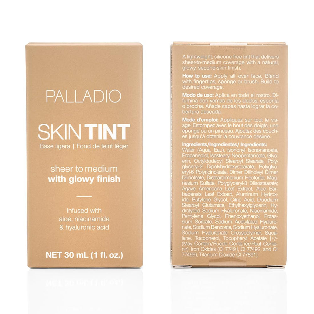 Palladio Skin Tint tono mediano beige, muestra color natural para piel media.