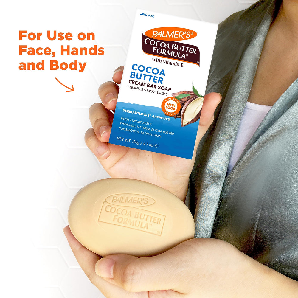 Palmer's cocoa butter formula soap packaging swatch emphasizes sustainable ingredients