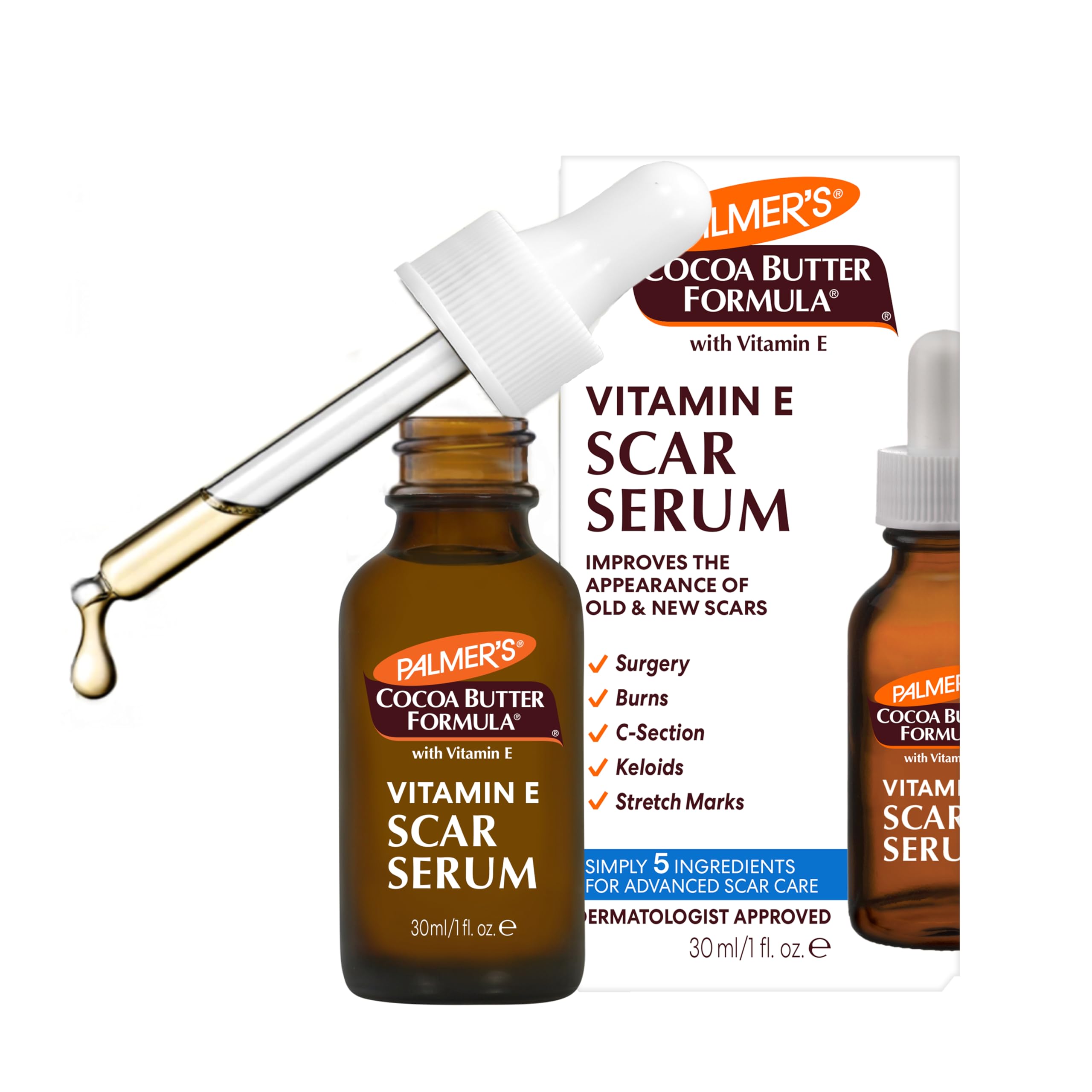 Palmer's Serum para cicatrices, frasco 30ml, hidratación suave.