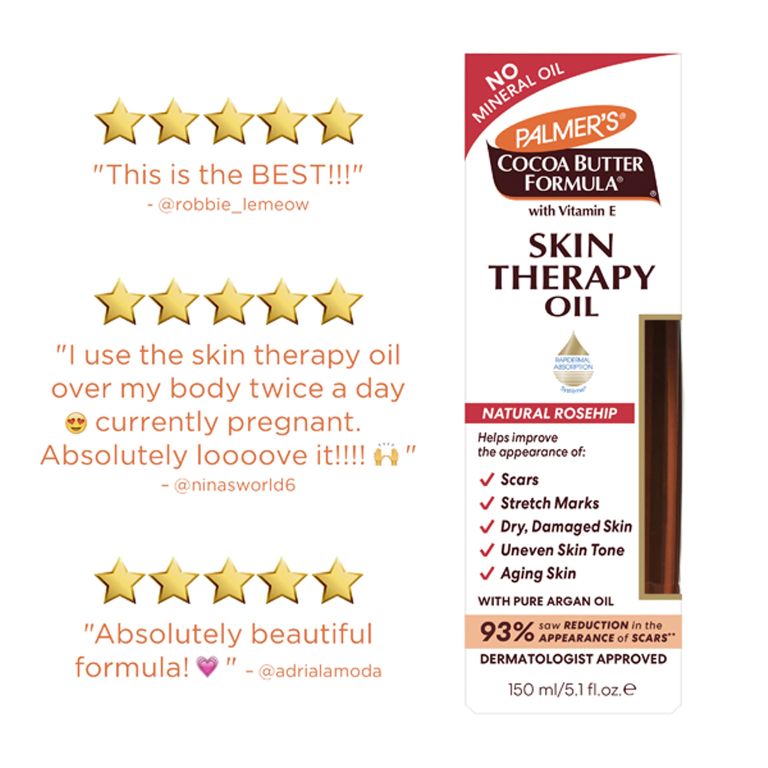 Palmer's Aceite Corporal Terapia apoya la apariencia de cicatrices en la piel.
