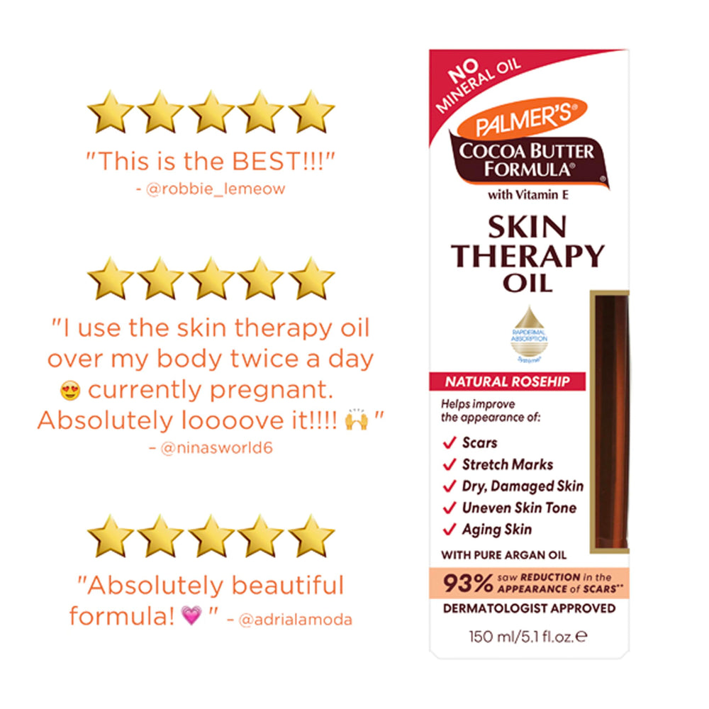 Palmer's Aceite Corporal Terapia apoya la apariencia de cicatrices en la piel.