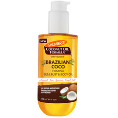 Palmer's Aceite reafirmante de coco brasileño en botella para uso diario.
