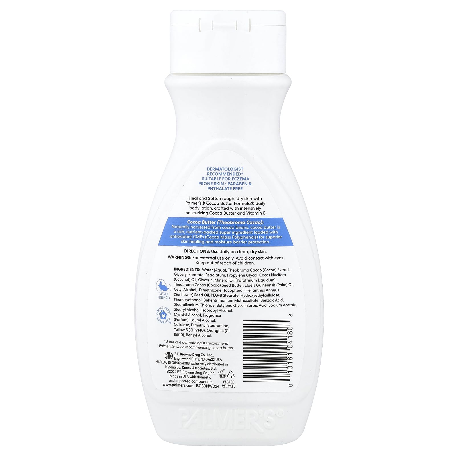Palmer's Cocoa Butter Formula daily body lotion being applied to skin for quick absorption.