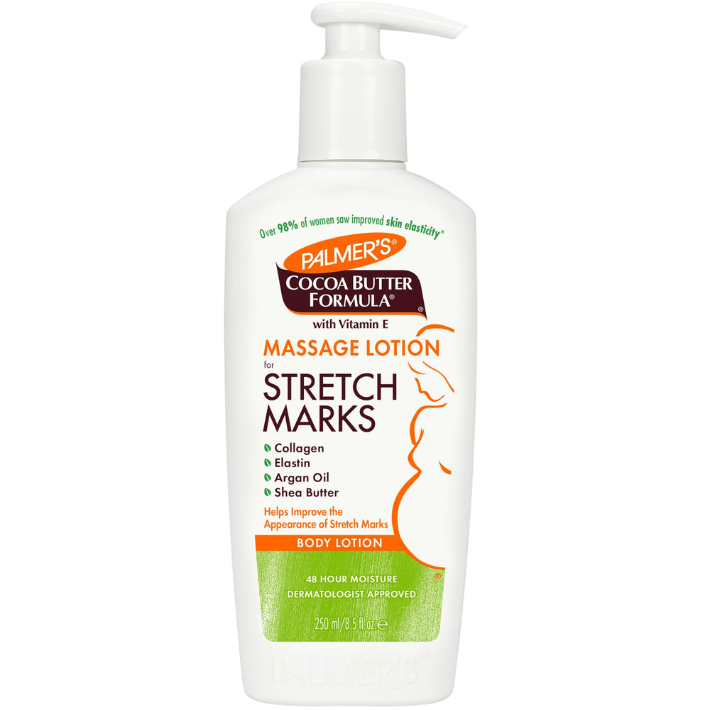 Palmer's Cocoa Butter Formula Massage Lotion on belly for stretch-mark care and hydration.