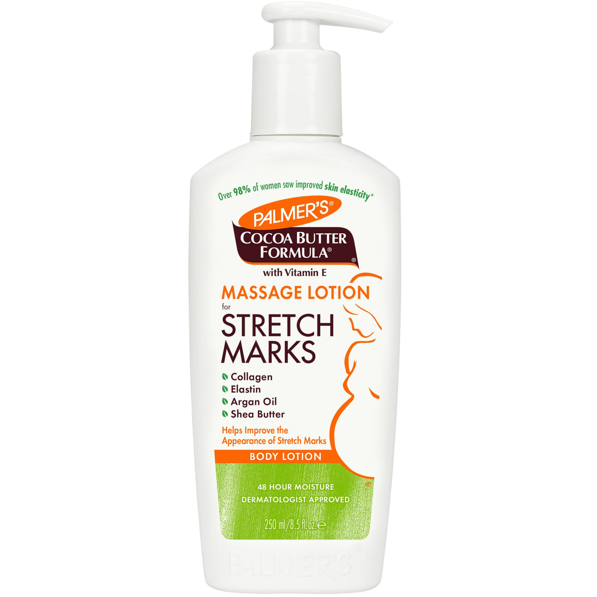 Palmer's Cocoa Butter Formula Massage Lotion on belly for stretch-mark care and hydration.