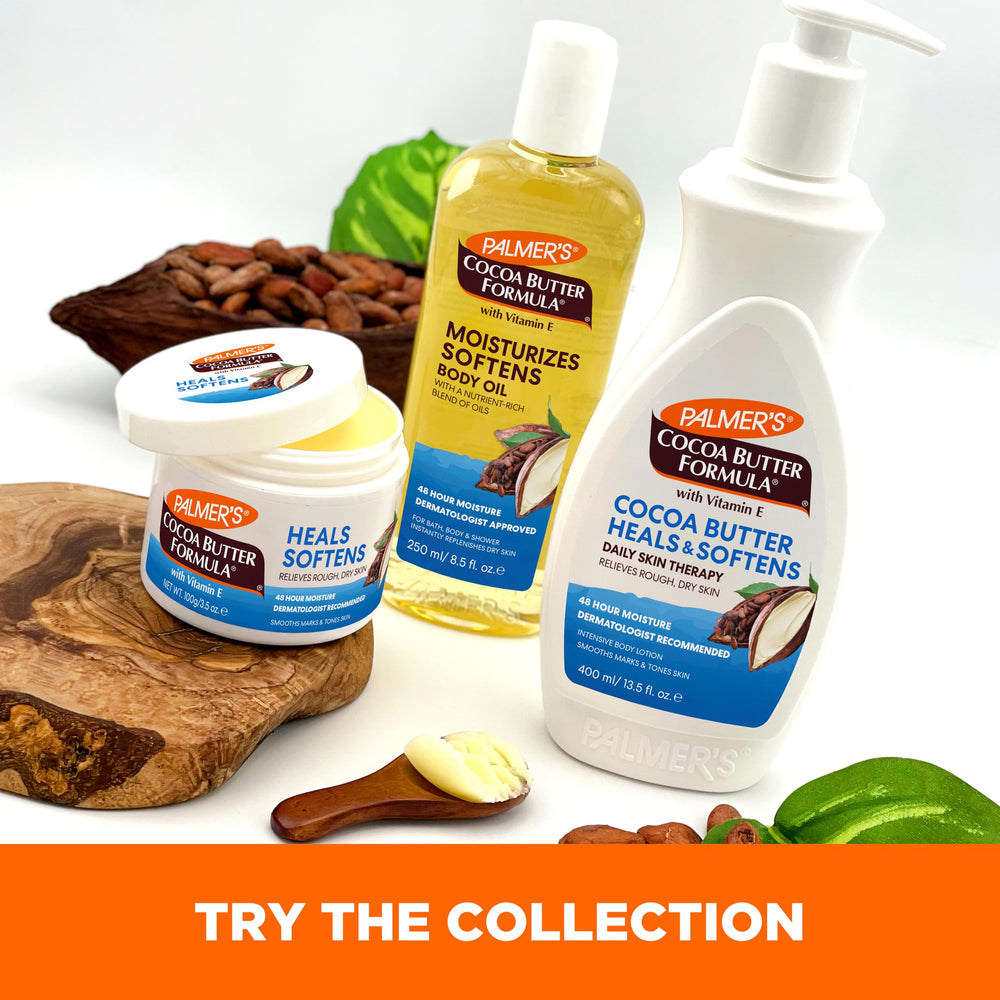 Close-up on skin texture showing smoothing effects of Palmer's Cocoa Butter lotion.
