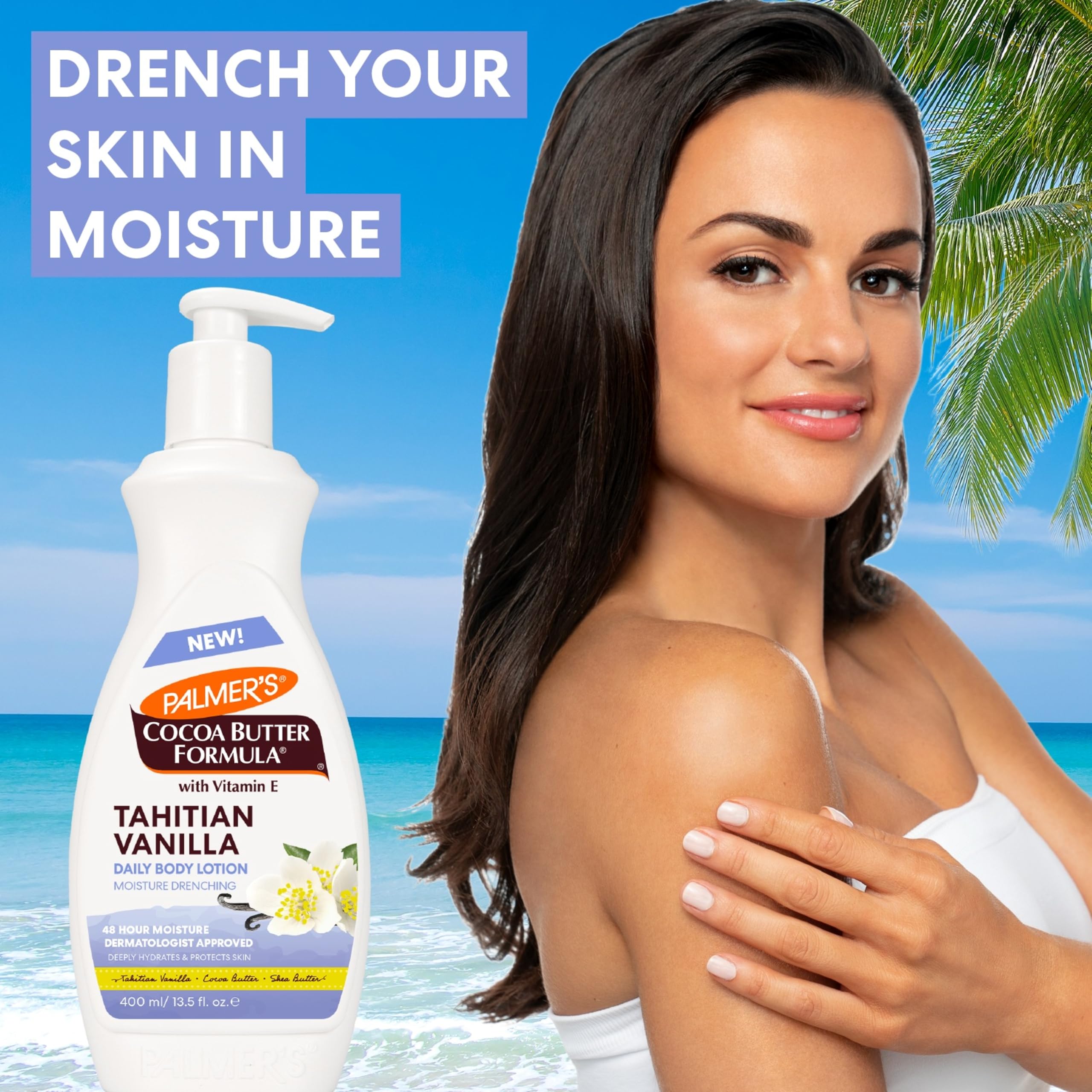 Close-up of Palmer's Tahitian Vanilla label showing vegan-friendly formula and natural ingredients.
