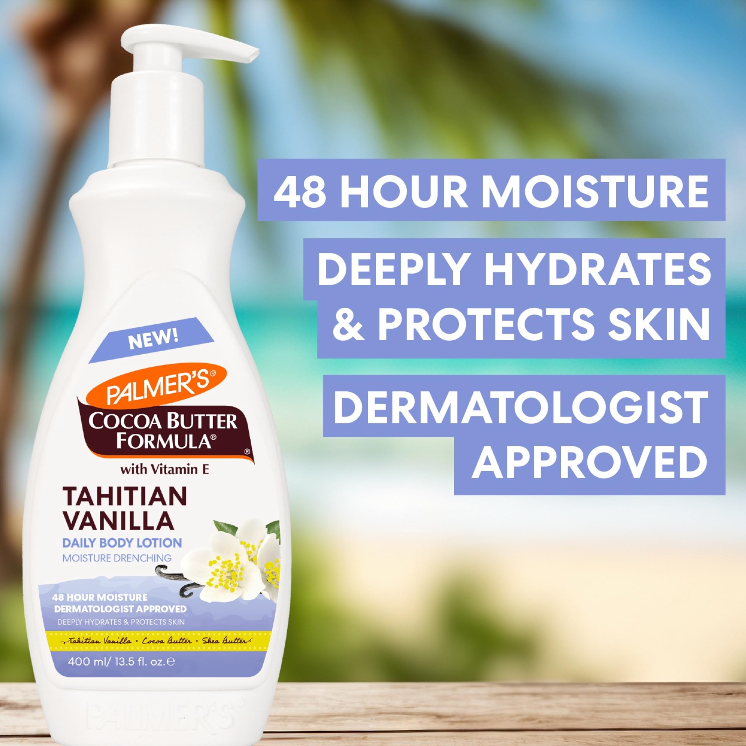 Creamy texture close-up of Palmer's Tahitian Vanilla lotion on skin for nourishment.