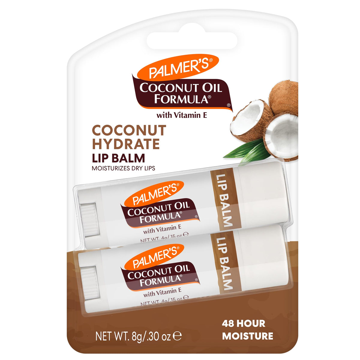 Palmer's Coconut Oil Formula Lip Balm Duo packaging showing all-day hydration for dry lips