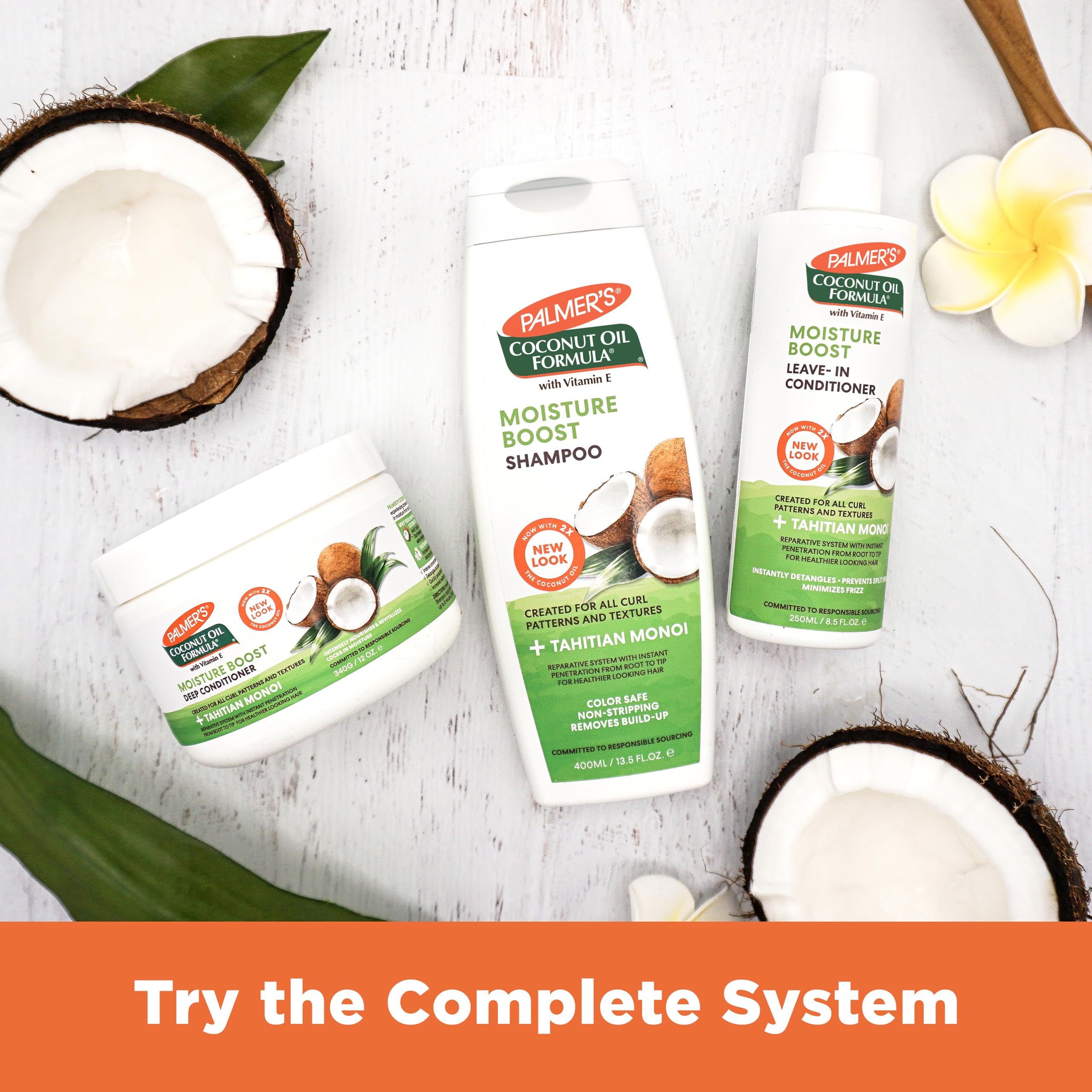 Ingredients graphic featuring coconut oil and shea butter for moisture.