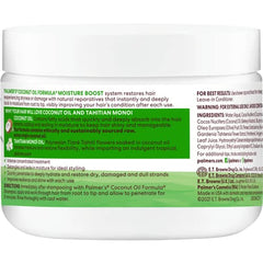 Palmer's Coconut Oil Formula Moisture Boost label close-up highlighting plant-based ingredients.