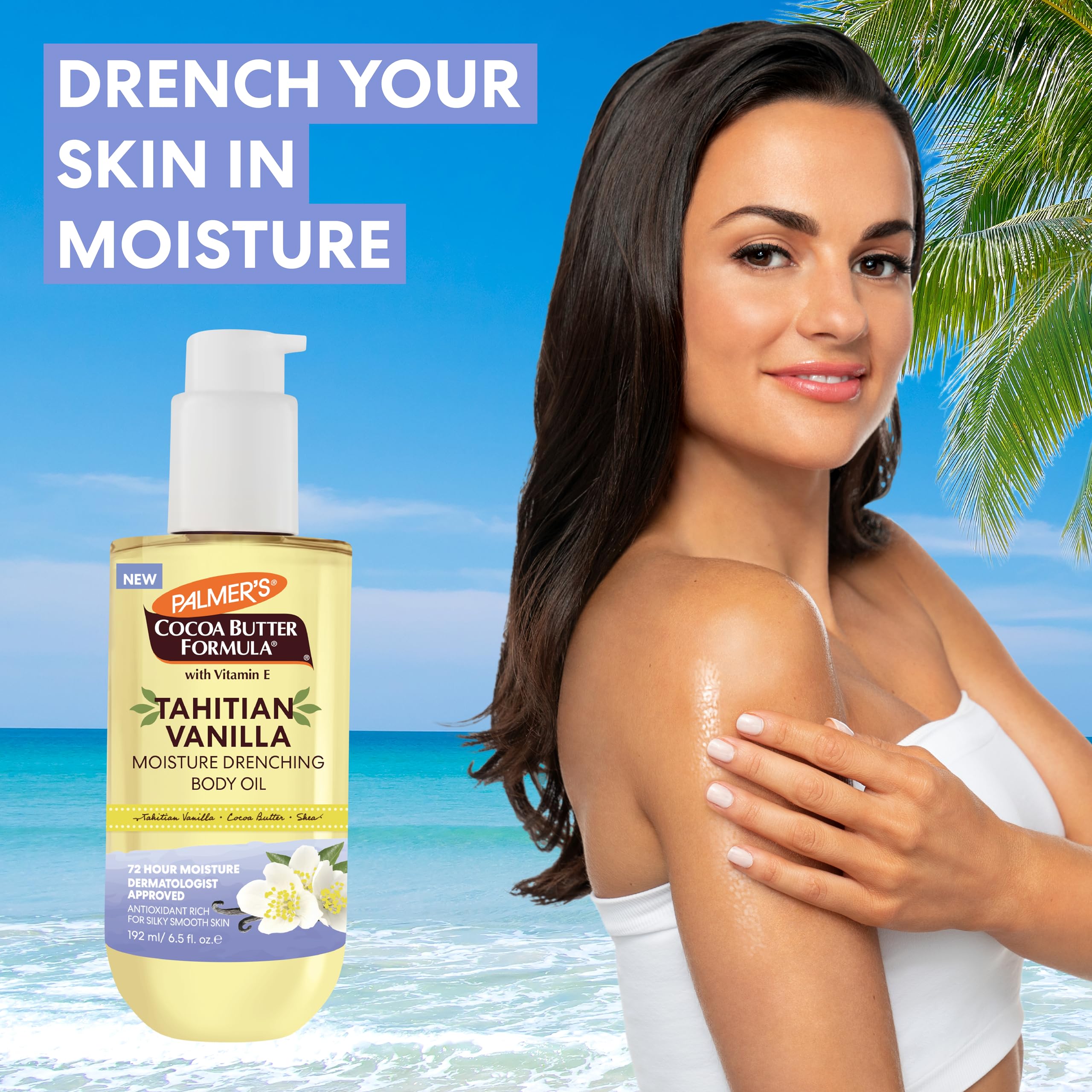 Palmer's aceite cuerpo hidratación 72 horas, textura ligera y no grasa.