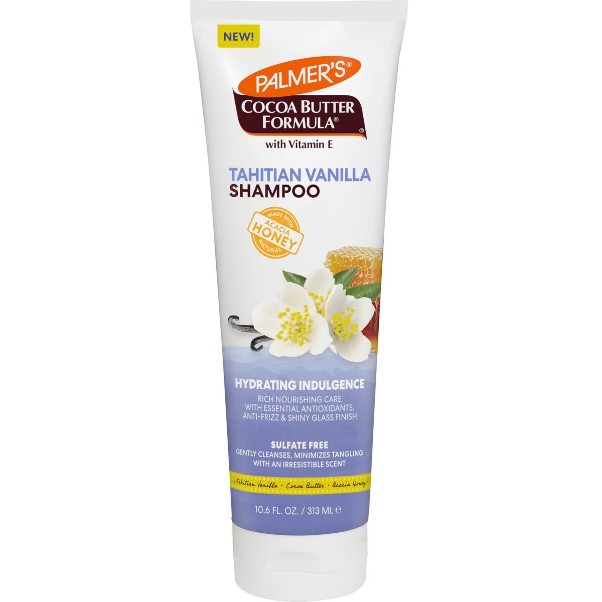 Palmer's champú manteca de cacao y vainilla tahitiana aporta brillo sedoso.