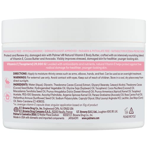 Palmer's Vitamin E Body Butter jar close-up highlights creamy richness for dry skin.