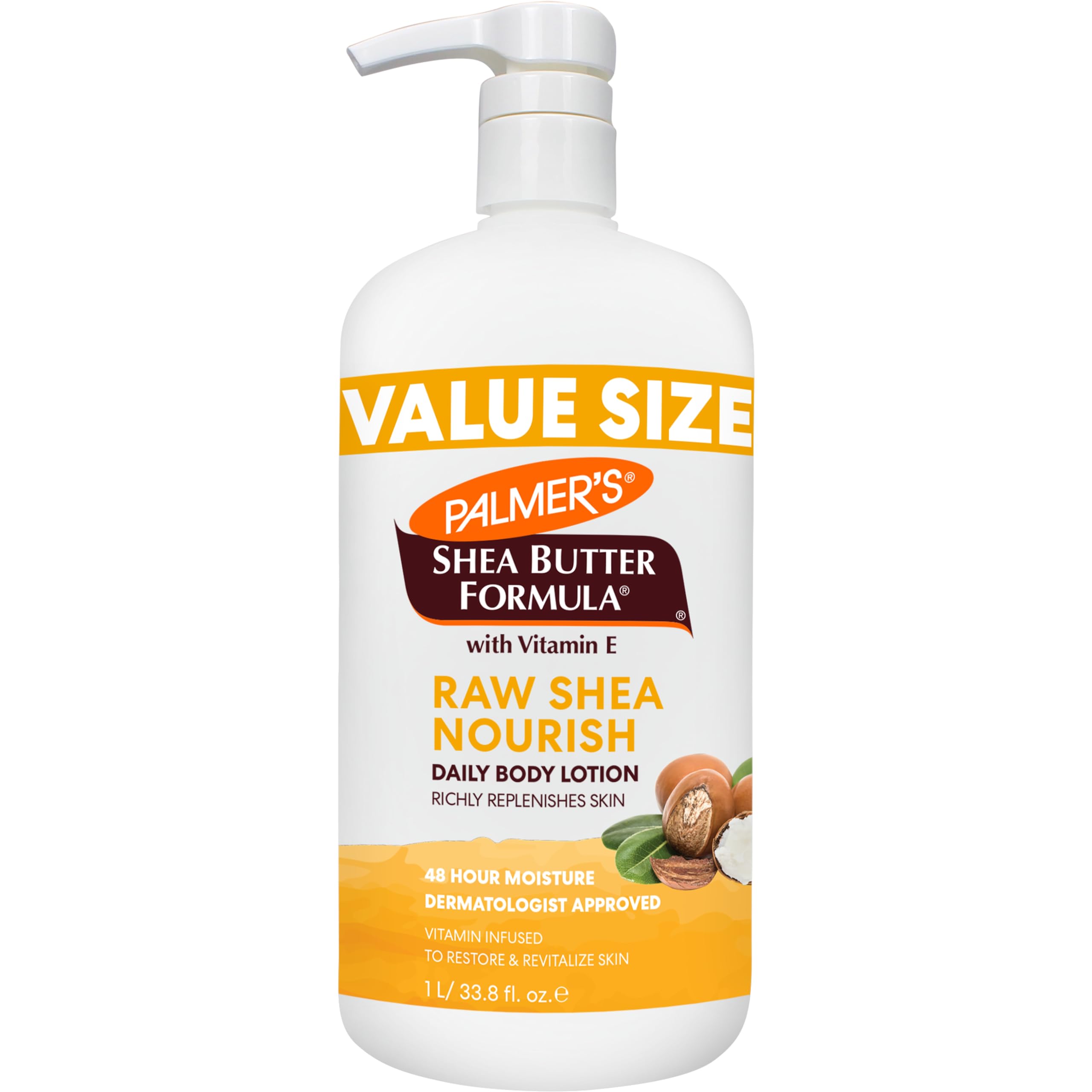 Palmer's Raw Shea Body Lotion, bote con dispensador, hidrata piel seca durante todo el día.