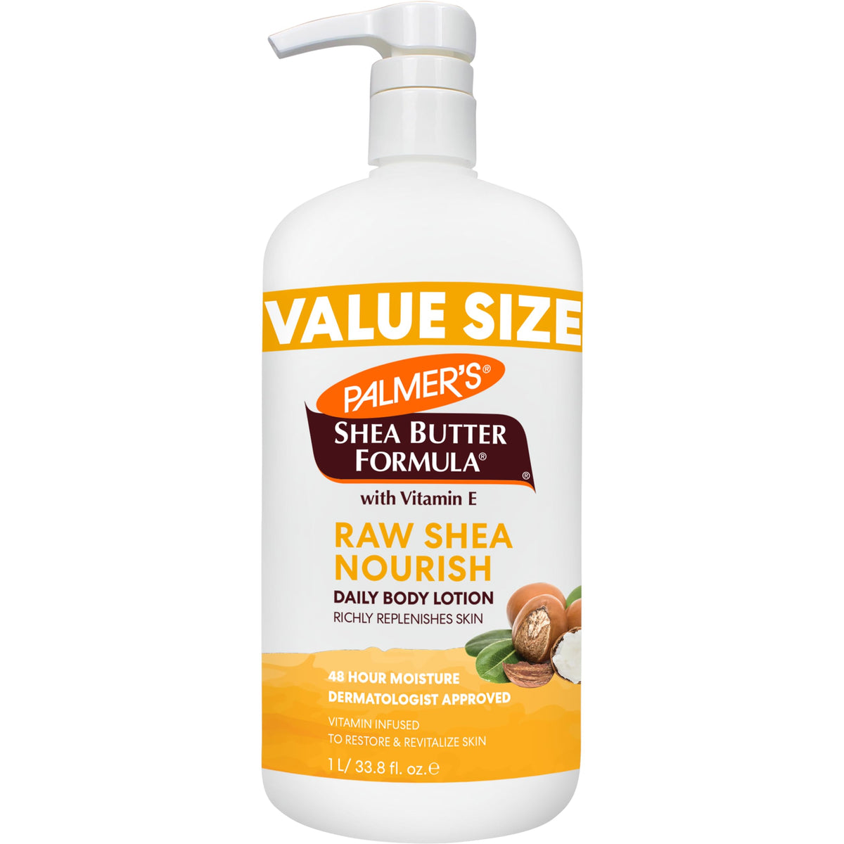 Palmer's Raw Shea Body Lotion, bote con dispensador, hidrata piel seca durante todo el día.