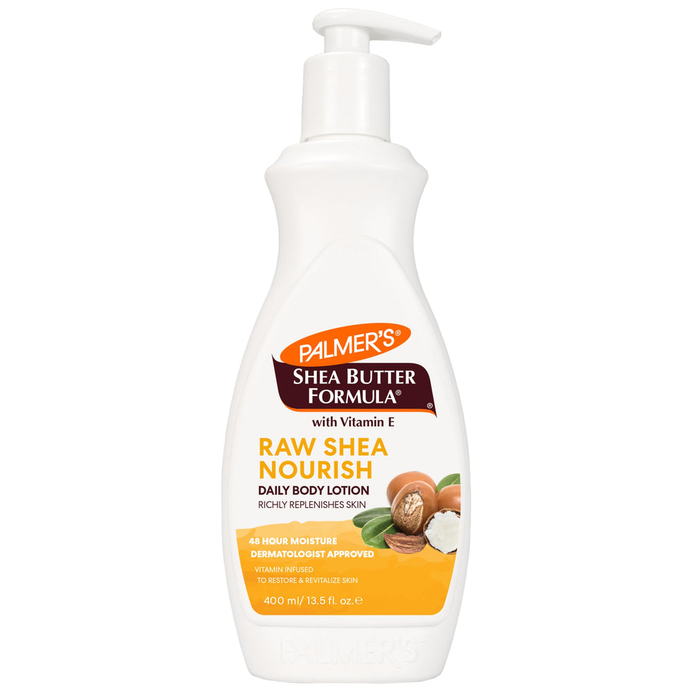 Palmer's Raw Shea Body Lotion pump bottle shows hydration benefits for dry skin