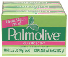 Palmolive bath bar soap three-pack packaging; mild formula for daily family cleansing.