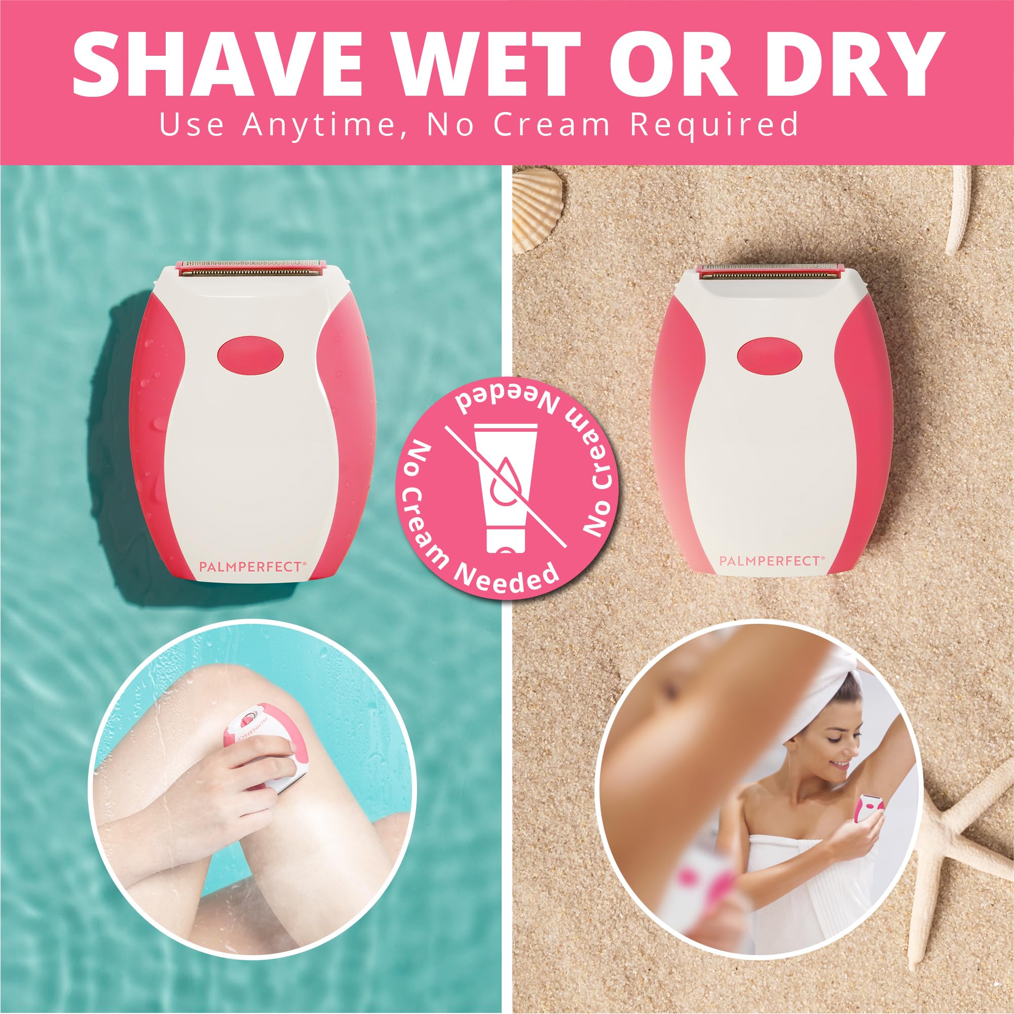 Palmperfect waterproof razor for wet or dry use in shower or sink.