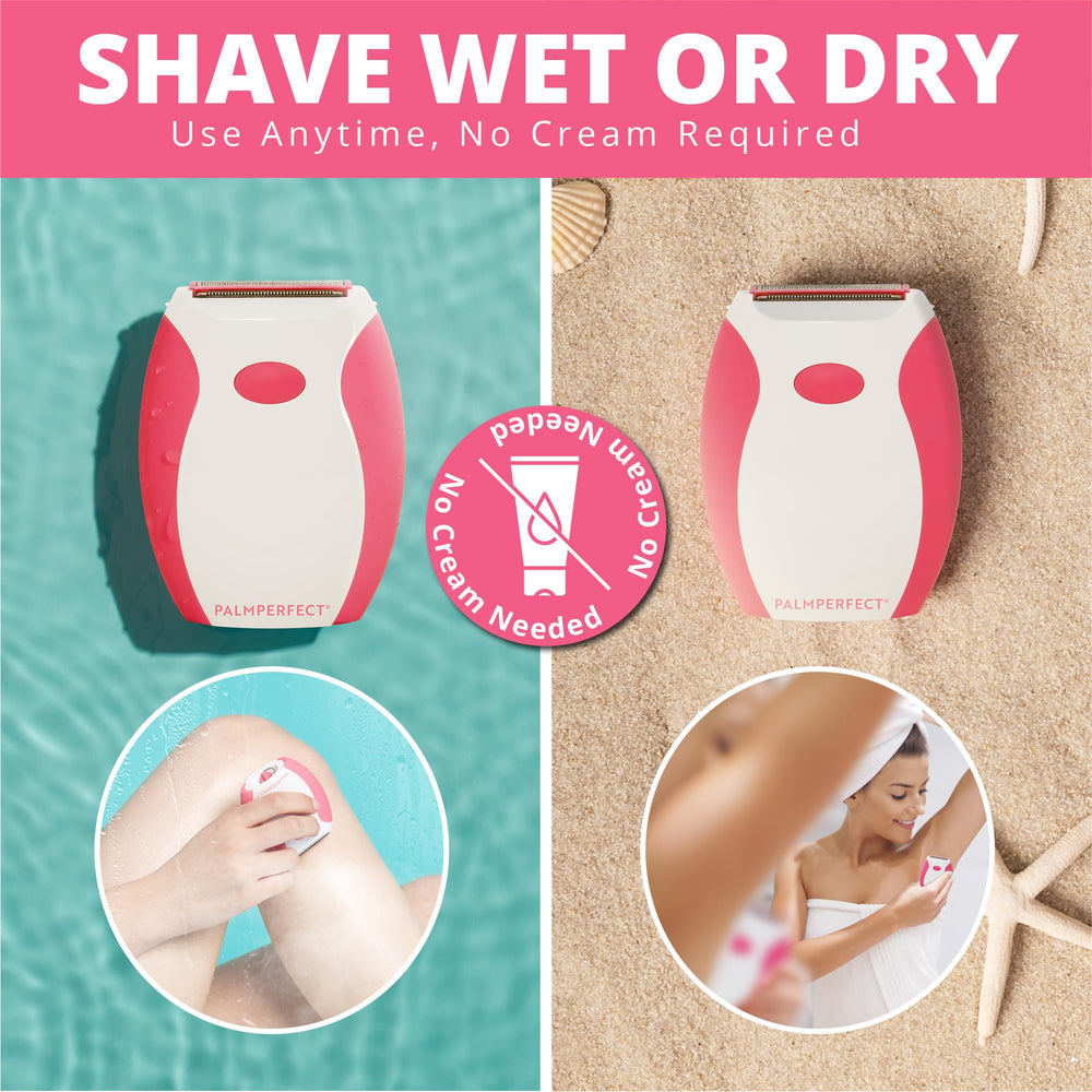 Palmperfect waterproof razor for wet or dry use in shower or sink.