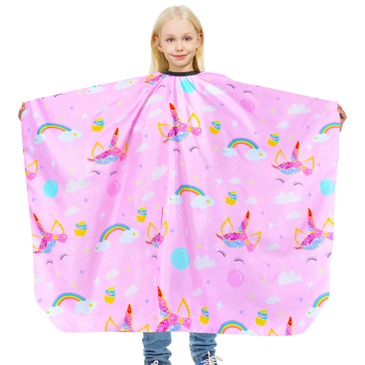 PAMAID unicorn-pattern cape for kids' haircuts, mess-free styling at home.