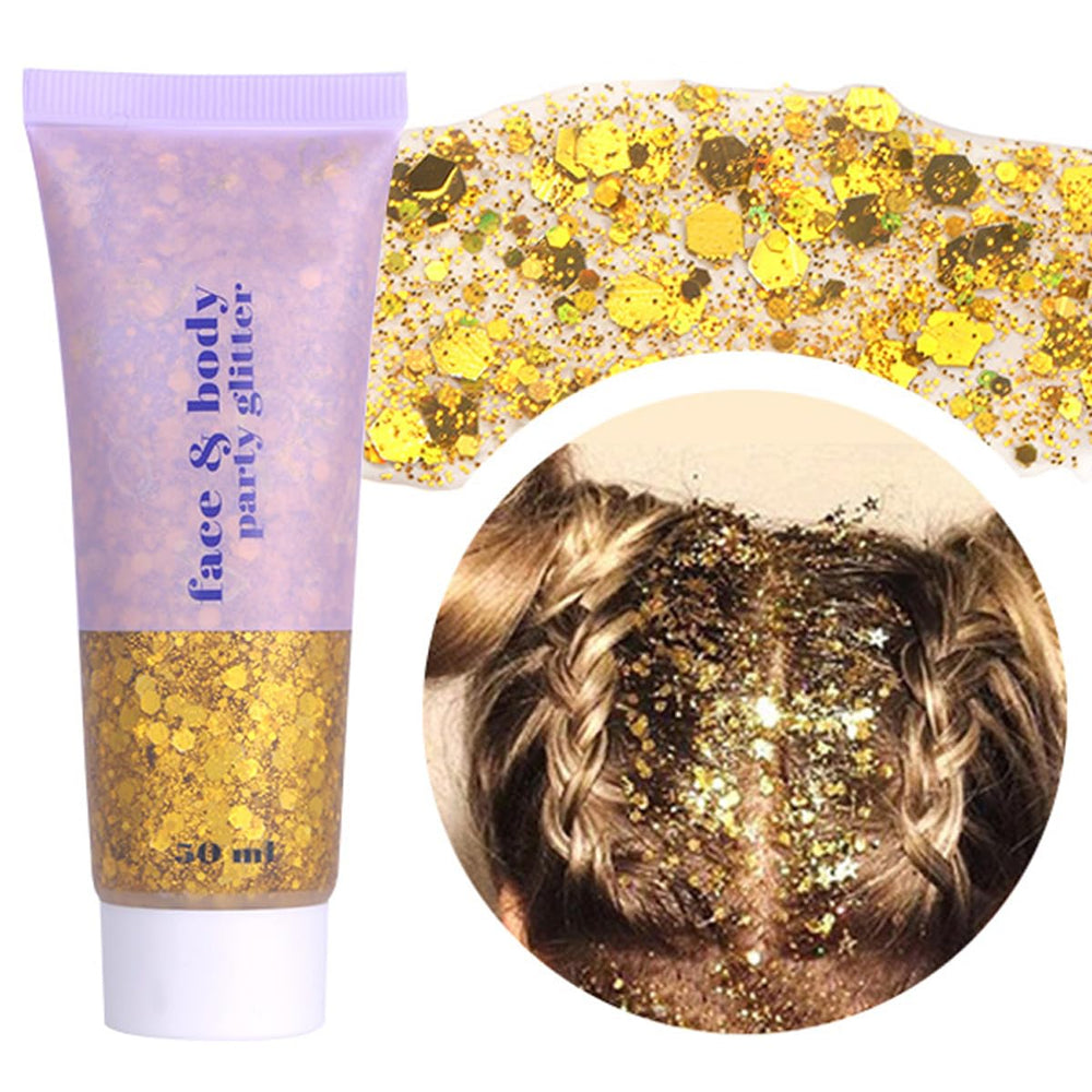 Paminify Gold Face Glitter Gel on the face for festival ready shine that lasts