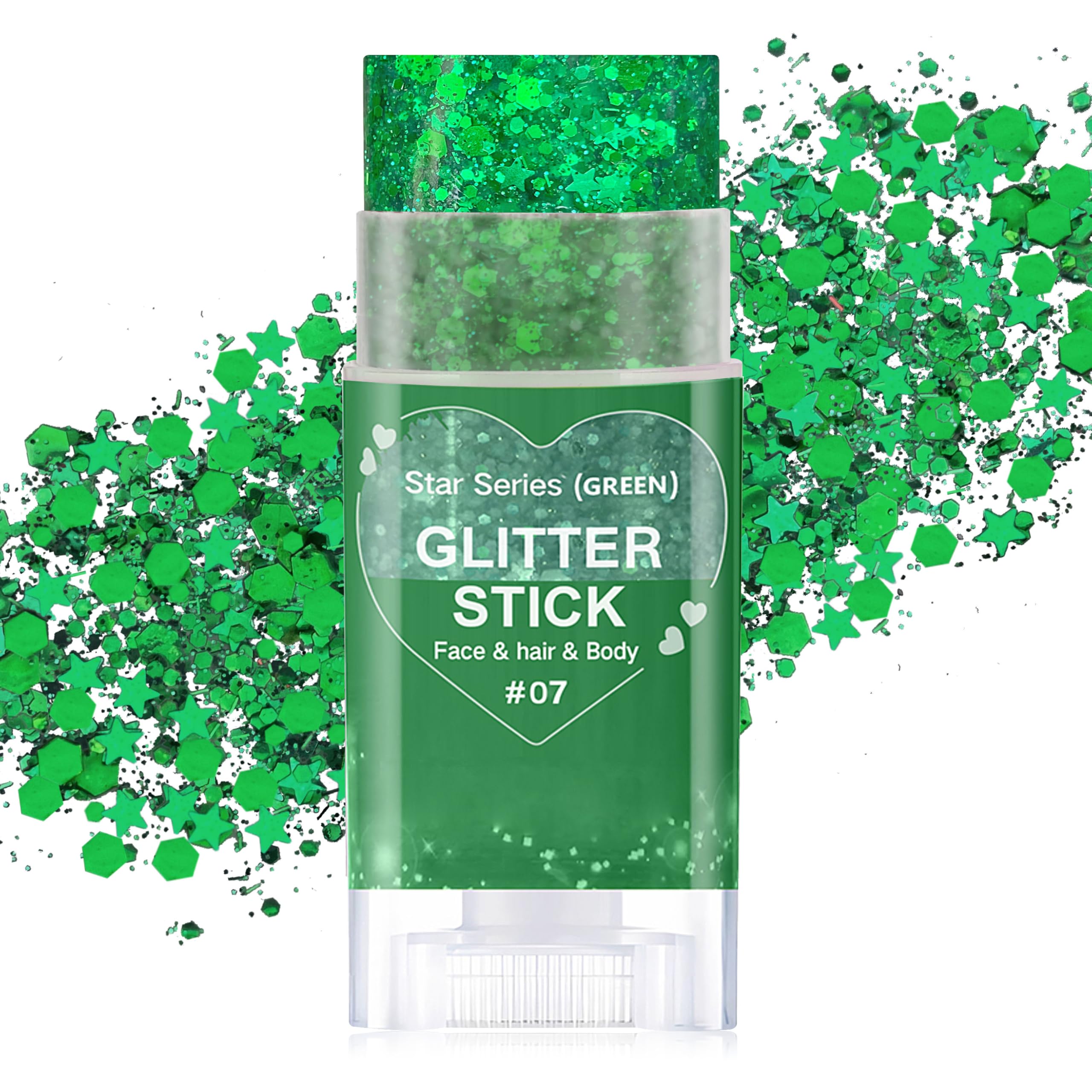 Paminify Green Glitter Stick packaging shows twist-up design for mess-free use.