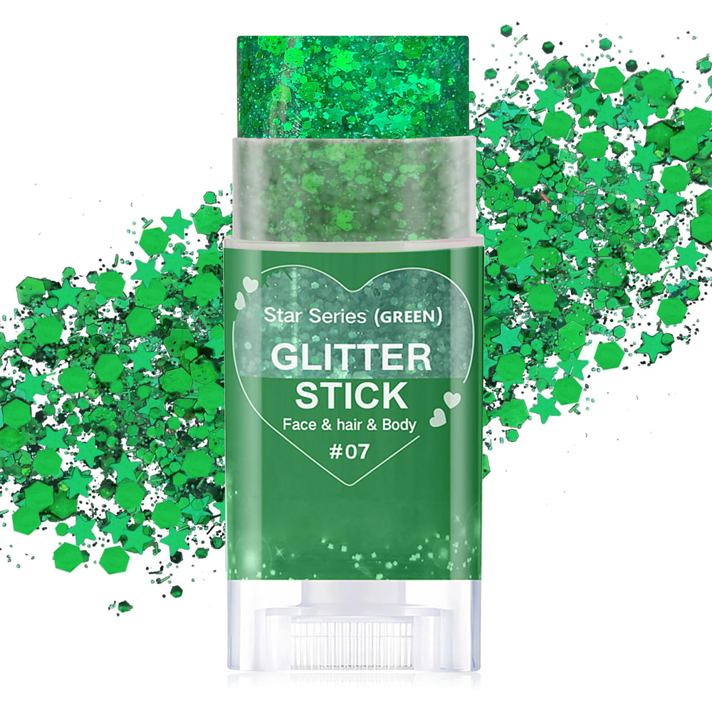 Paminify Green Glitter Stick packaging shows twist-up design for mess-free use.