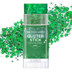 Paminify Green Glitter Stick packaging shows twist-up design for mess-free use.