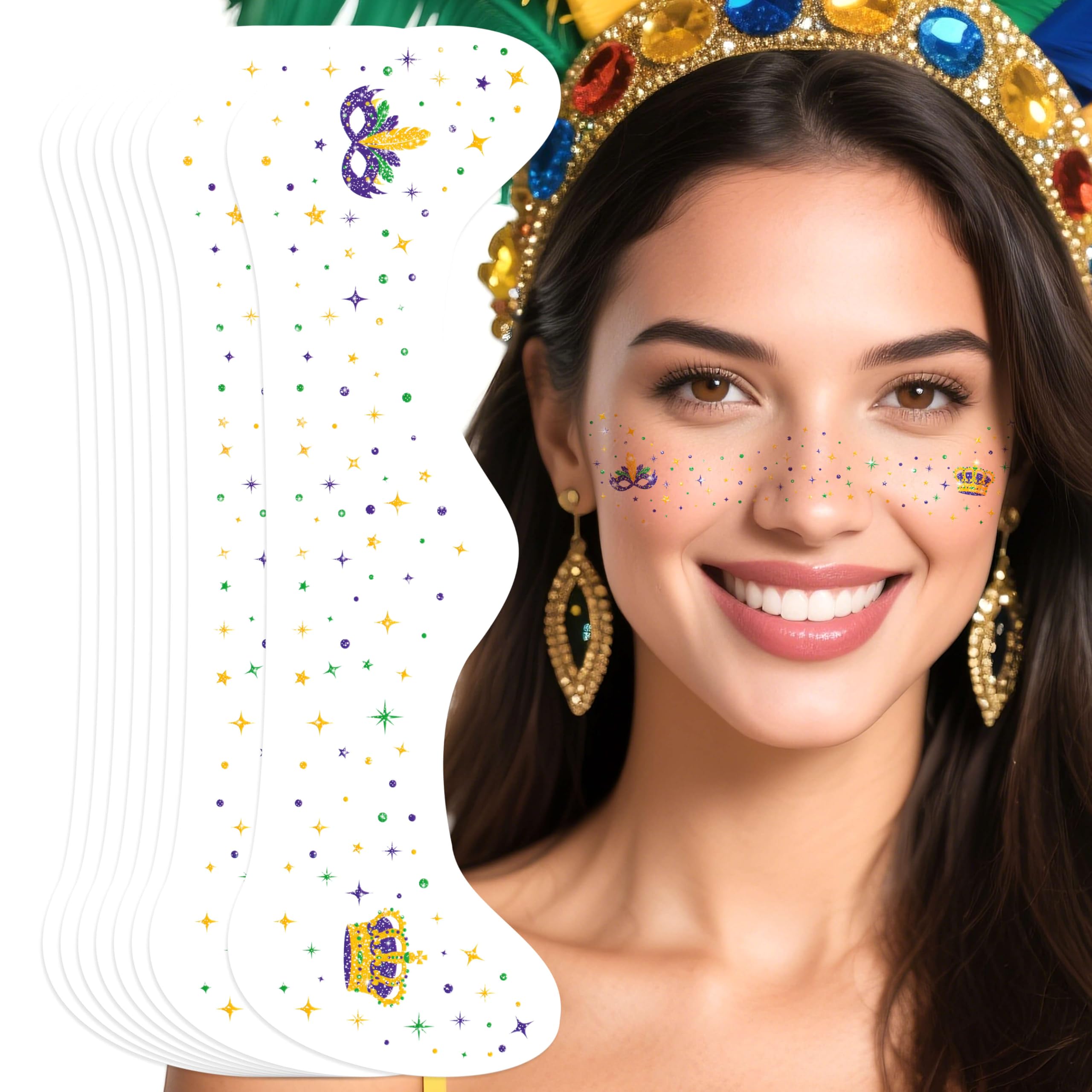 Paminify Mardi Gras face tattoos in green gold purple enhance carnival look.