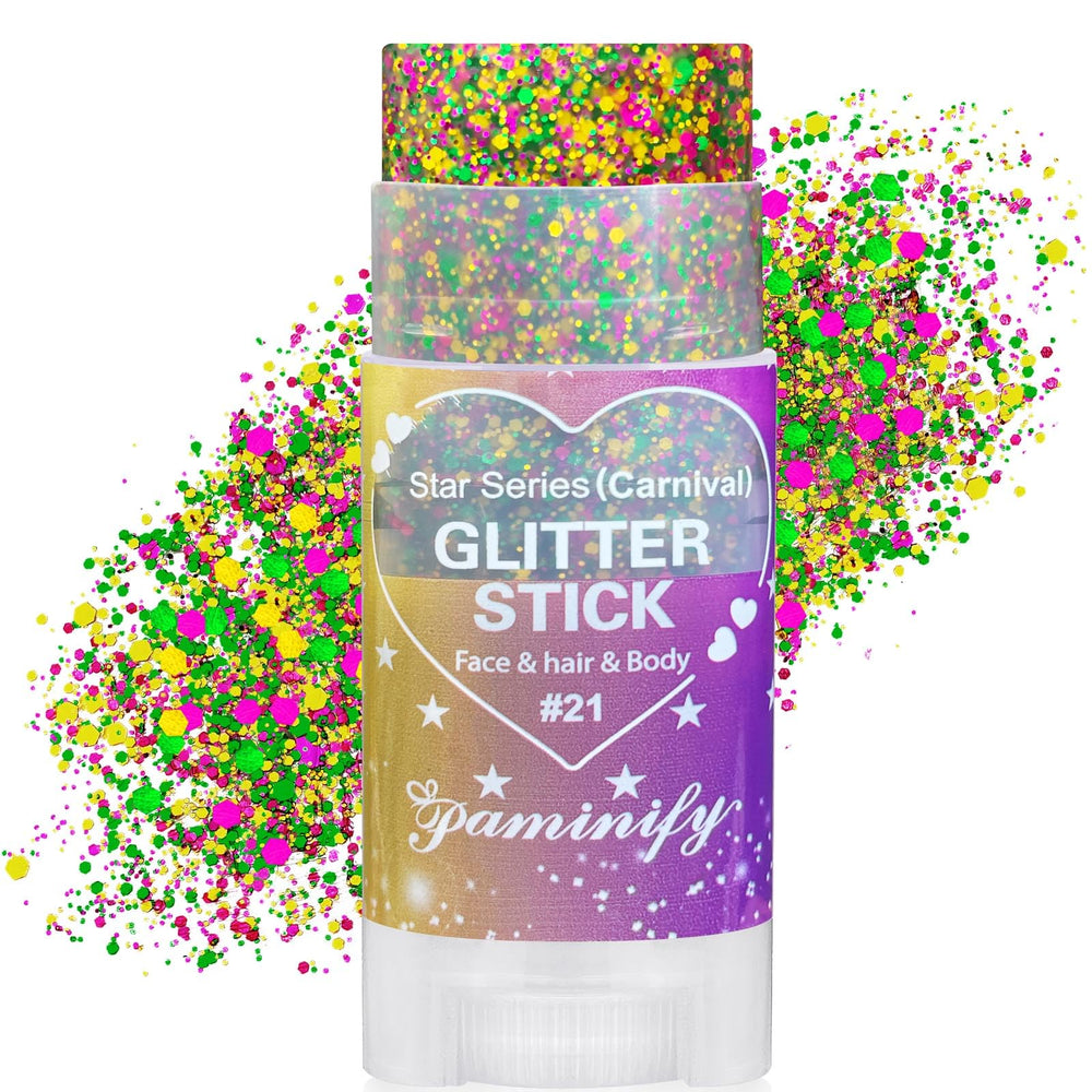 Paminify Mardi Gras glitter stick showing mess-free face and hair sparkle.