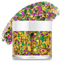 Paminify Mardi Gras gold glitter face with holographic sparkle for bold party makeup.