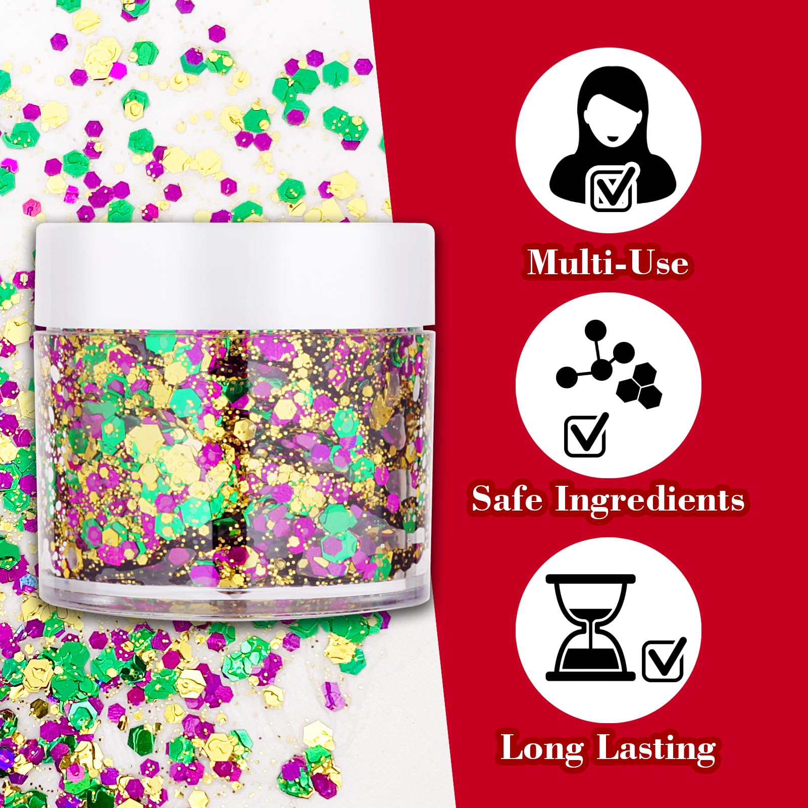 Paminify Mardi Gras gold glitter hair adds shimmering color to festive looks.