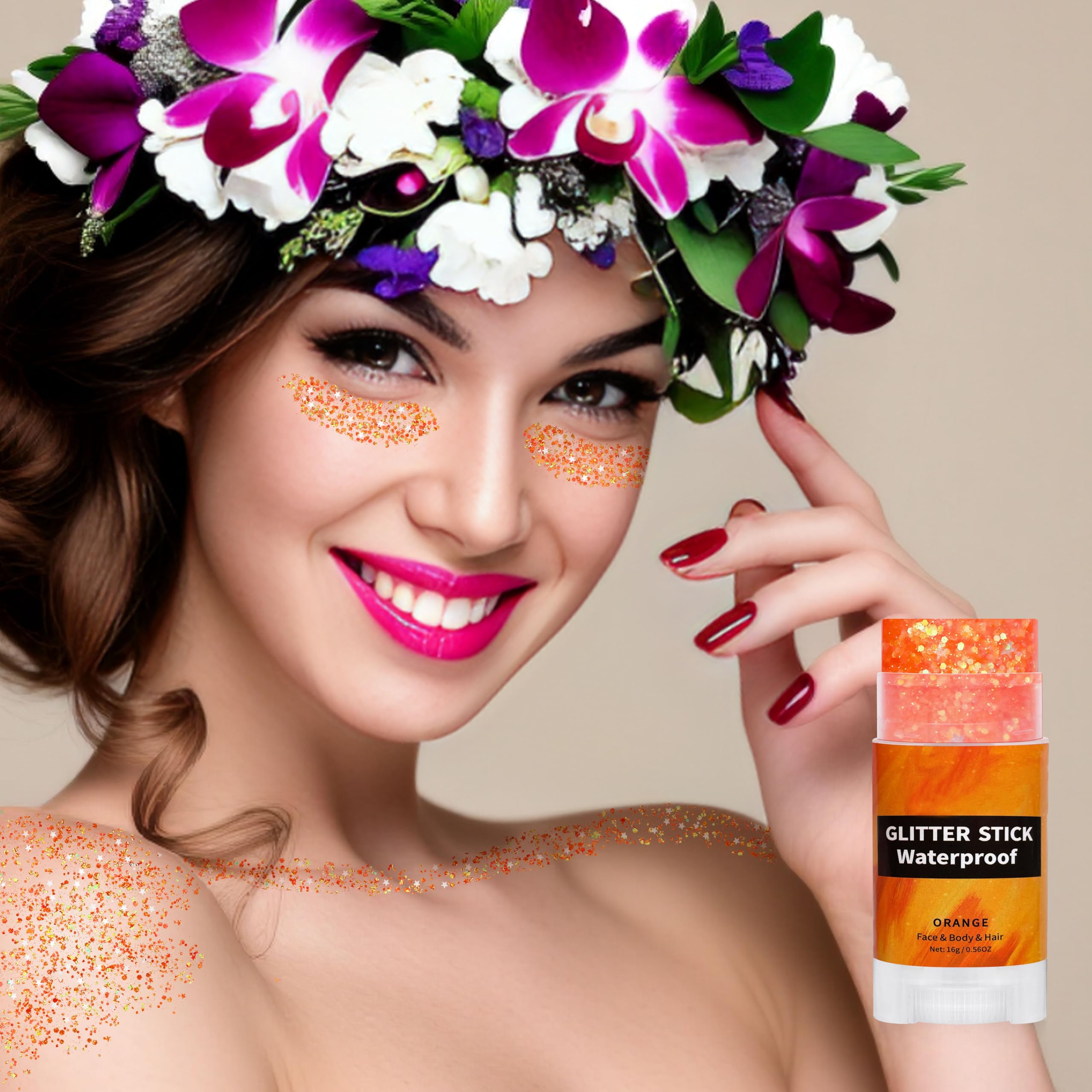 Paminify Orange Glitter Stick used for carnival or festival looks.