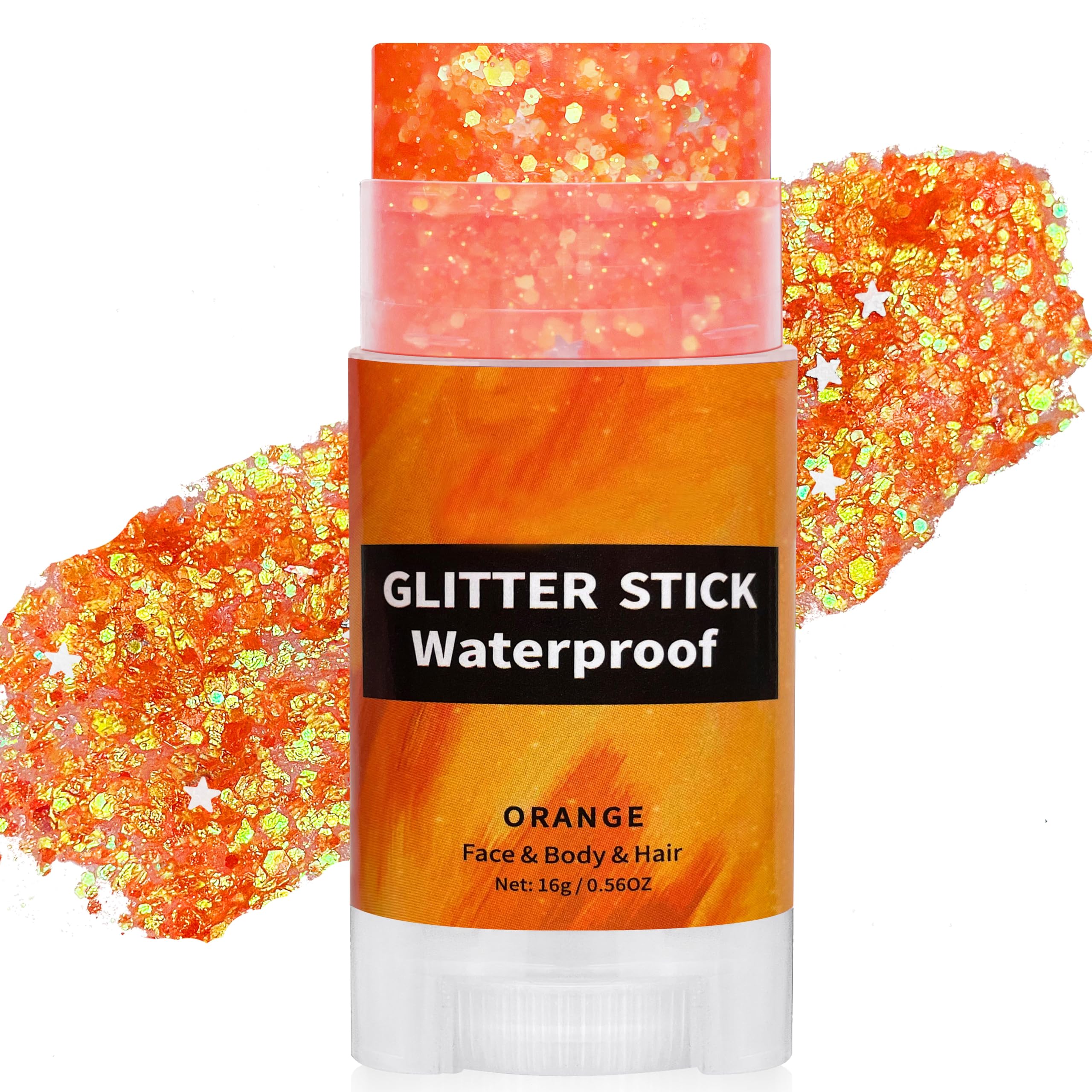 Paminify Orange Glitter Stick packaging, compact and portable for on-the-go sparkle.
