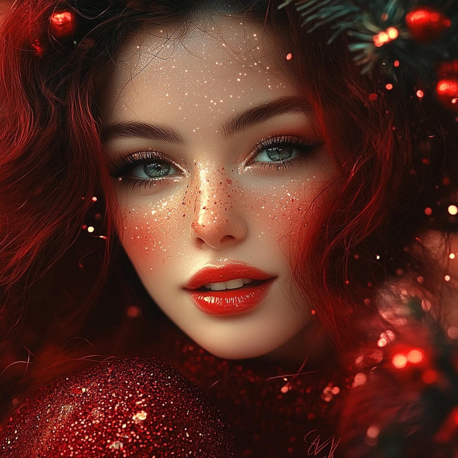 Paminify red glitter stick around the eyes for a festive glow.