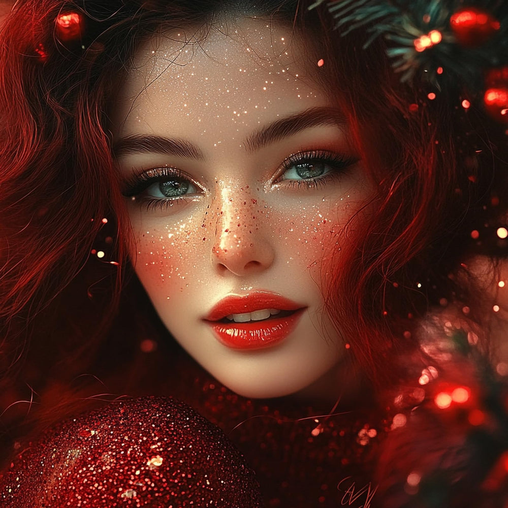 Paminify red glitter stick around the eyes for a festive glow.