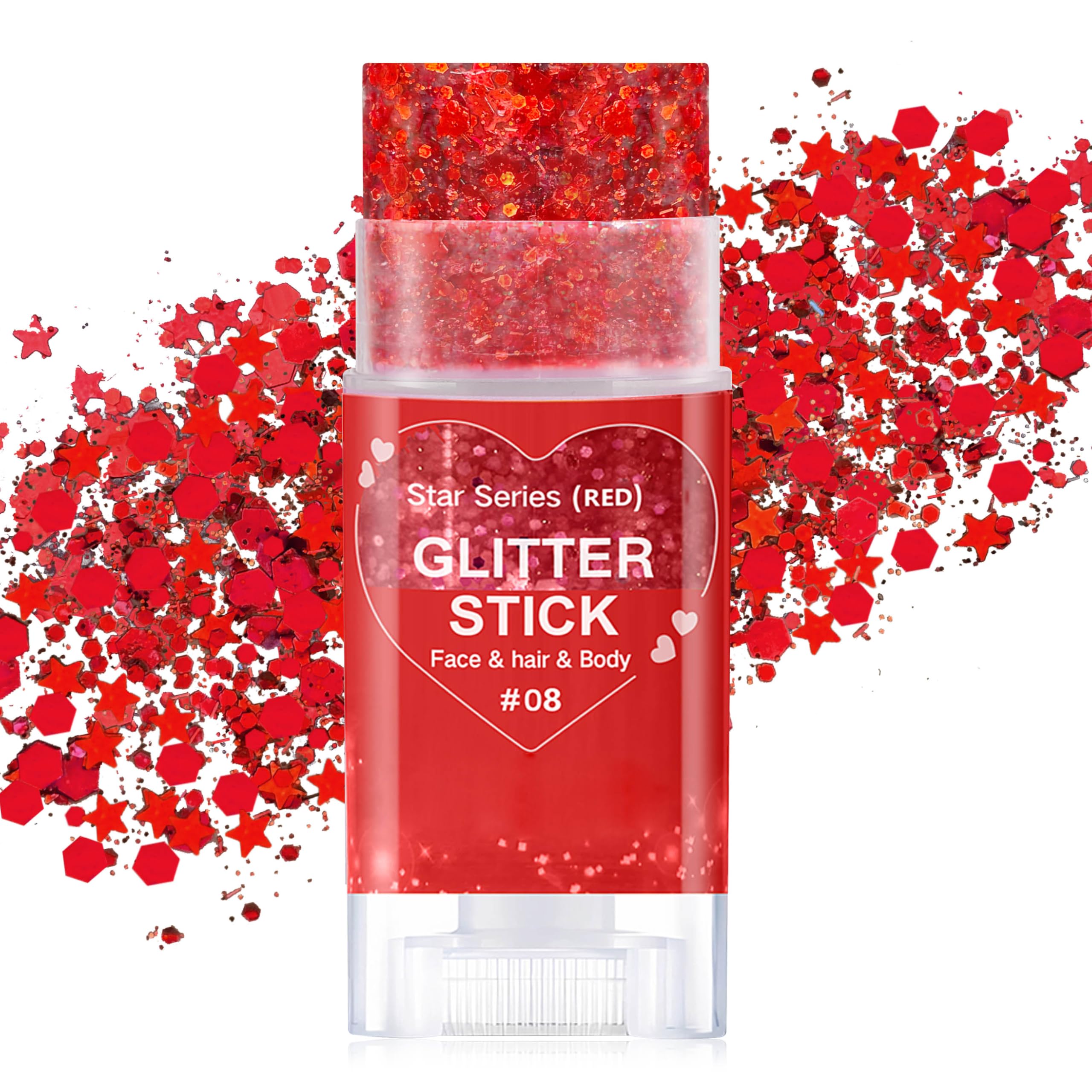 Paminify red glitter stick on the face for radiant, long-lasting sparkle.