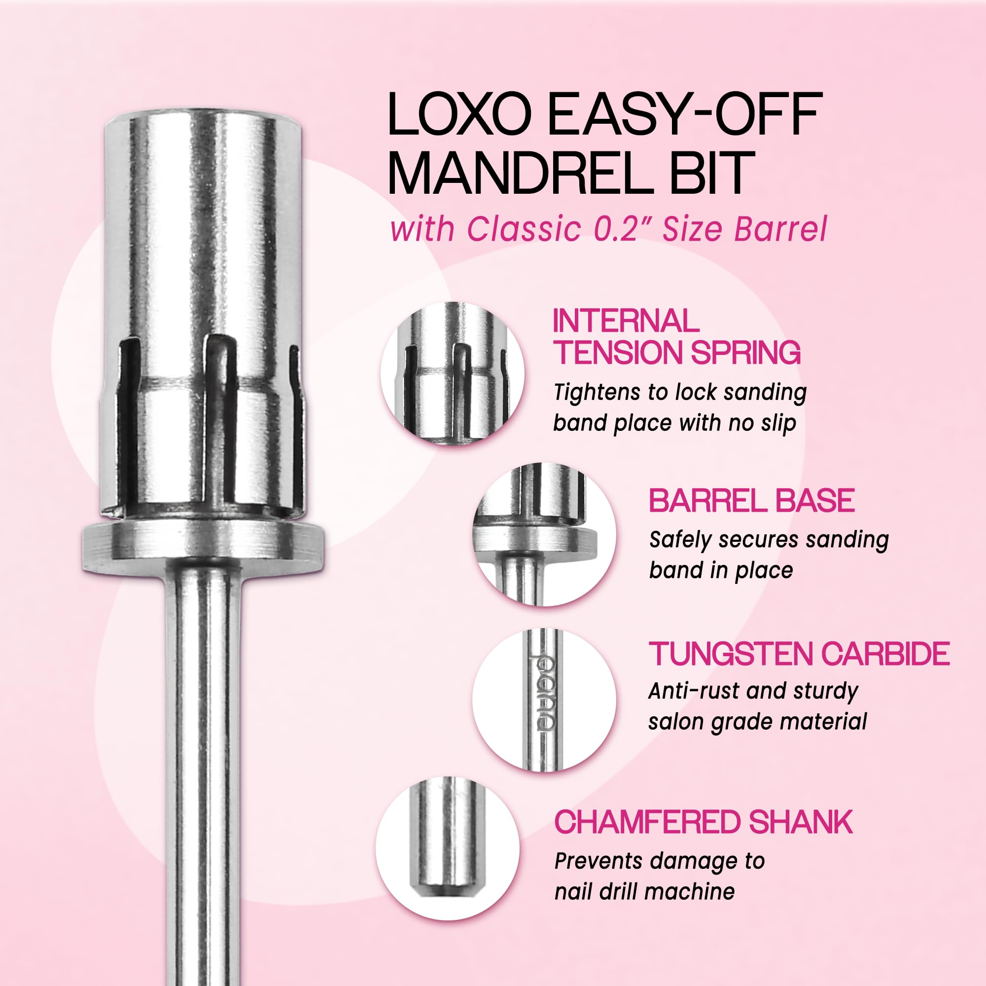 PANA Loxo easy-off mandrel bit mounted securely on a nail drill.